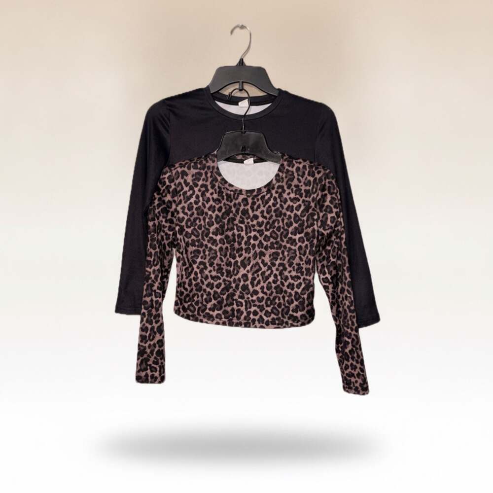 Girls Layered Look Leopard Print and Black Long Sleeve Crop Top